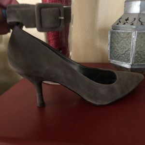 Gray suede heels with ankle strap